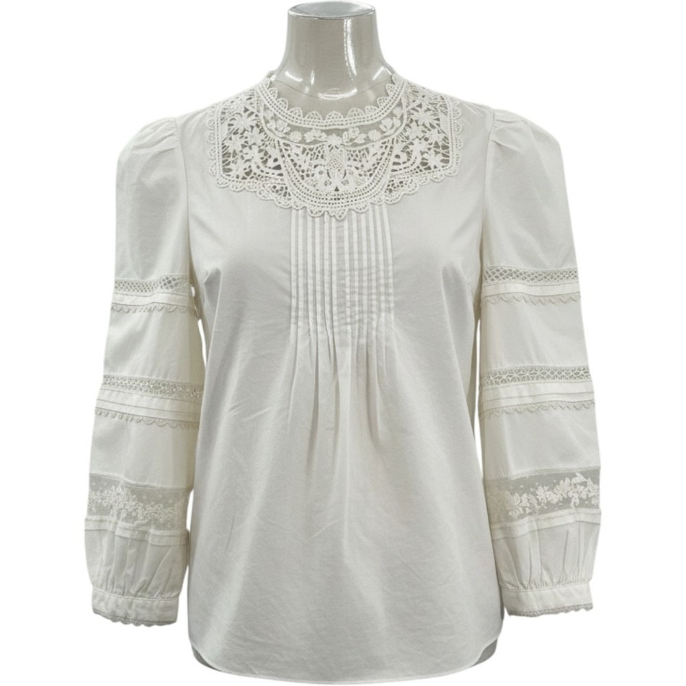 Veronica Beard Blouse Womens 4 White Lace Bib Pintuck Cotton Long Sleeve